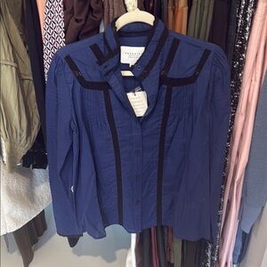 The Shirt by Rochelle Behrens Navy Blouse with Black Trim